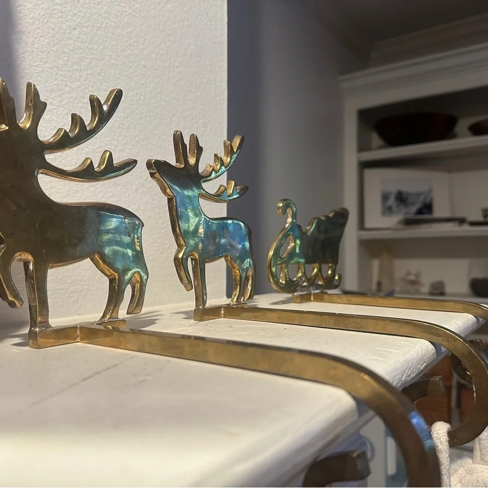 Vintage Brass Gold Reindeer and Sleigh Stocking Hangers for Christmas - Picture 6 of 12